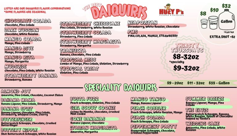 Huey P Daiquiri Menu